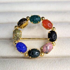 Gold Tone Circle Brooch Pin Multi Gemstones Scarabs Vintage 1.5" Diameter